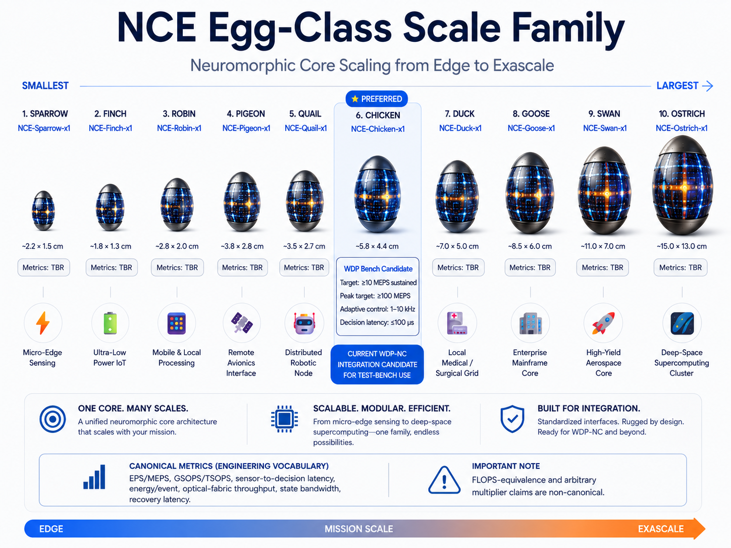 Product-family infographic showing ten egg-shaped neuromorphic modules with class names, approximate reference dimensions and example application bands; Chicken is highlighted as the preferred current test-bench class.