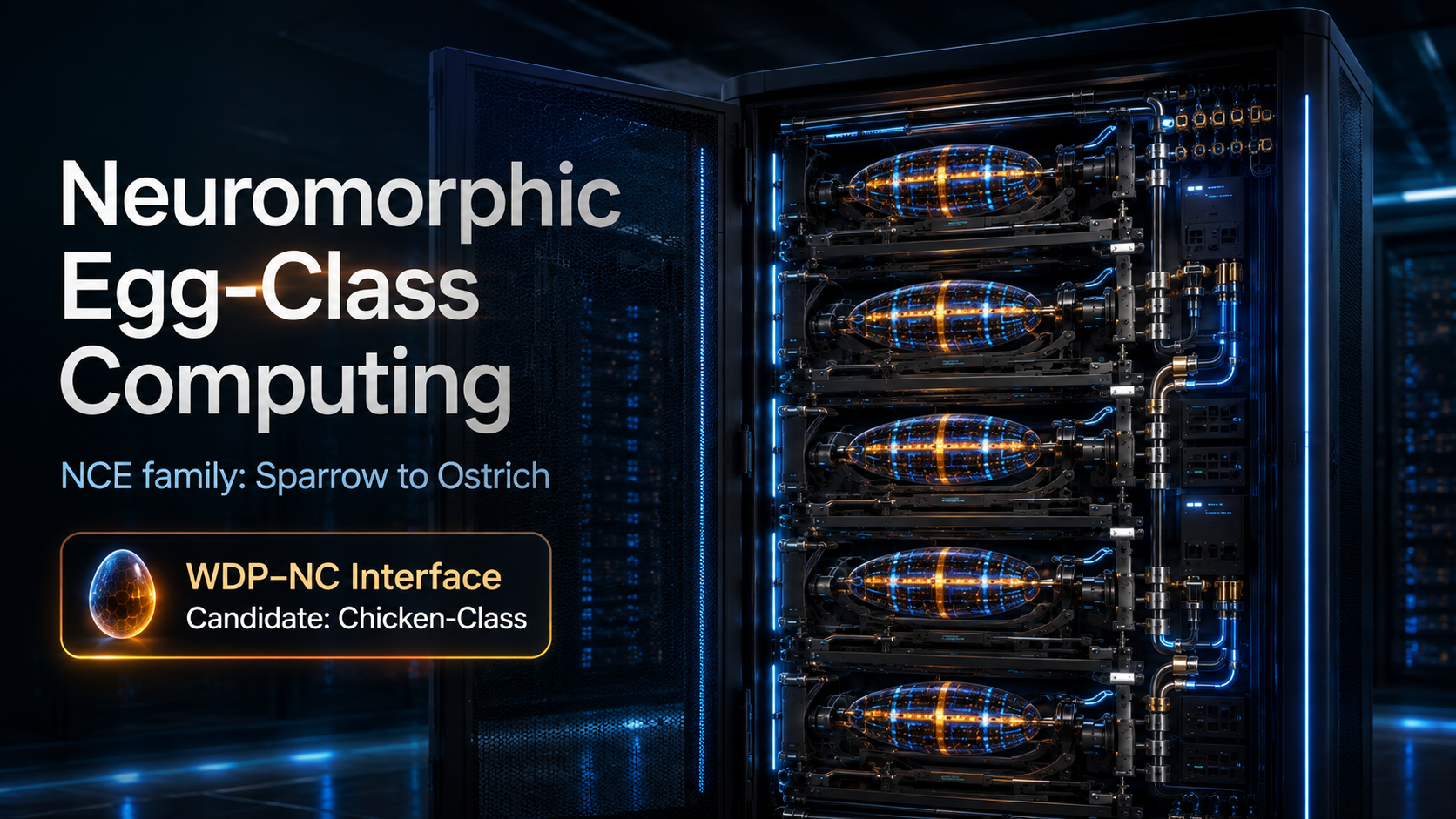 Open server cabinet containing five glowing blue-and-amber ellipsoid neuromorphic modules mounted horizontally in individual service bays.