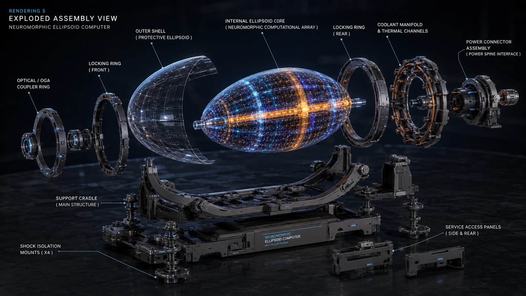 Exploded neuromorphic ellipsoid assembly showing shell, core, interface rings, cooling and service structures