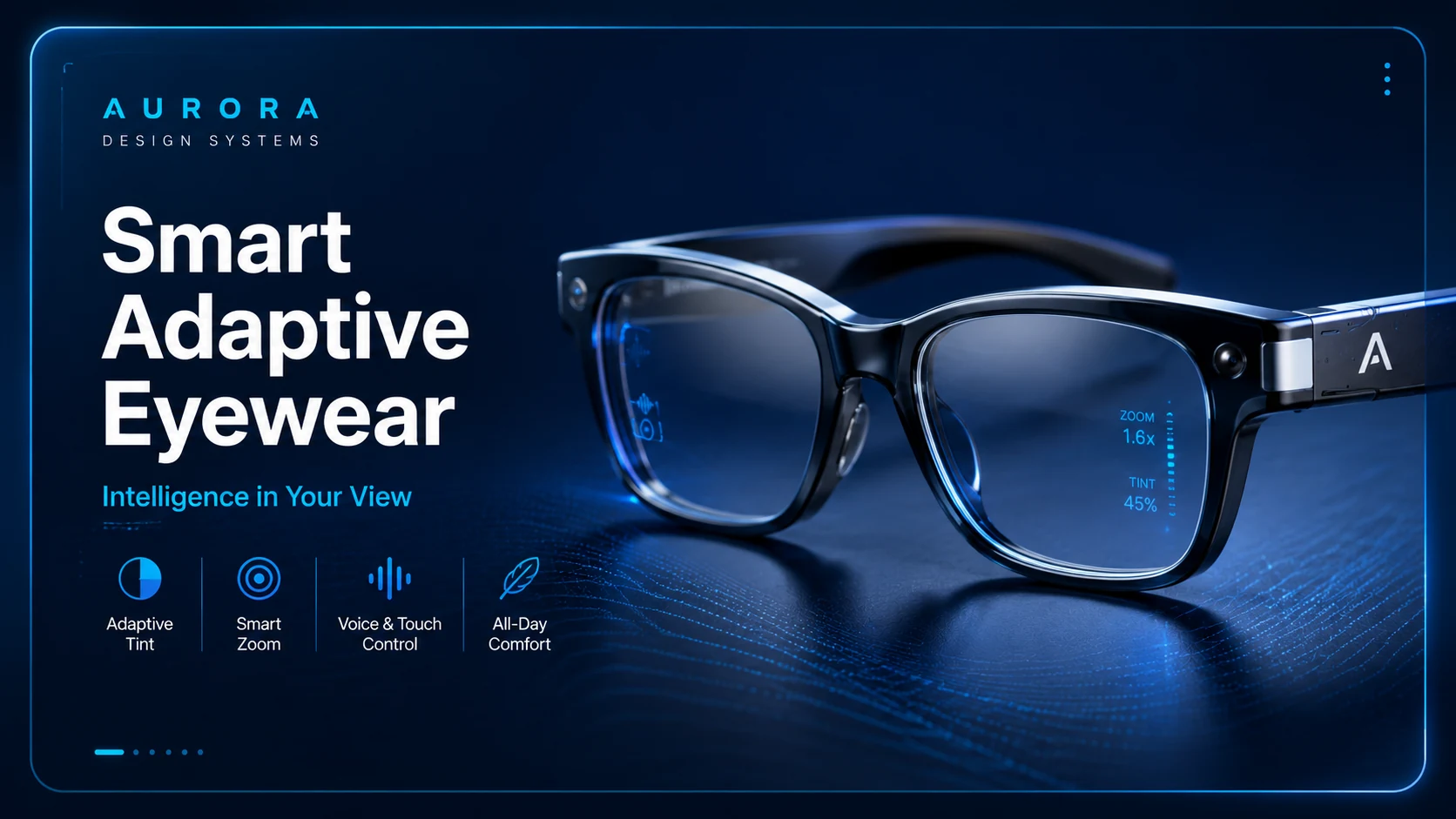 Smart Adaptive Eyeglasses concept showing adaptive tint, smart zoom, voice and touch control, and all-day comfort