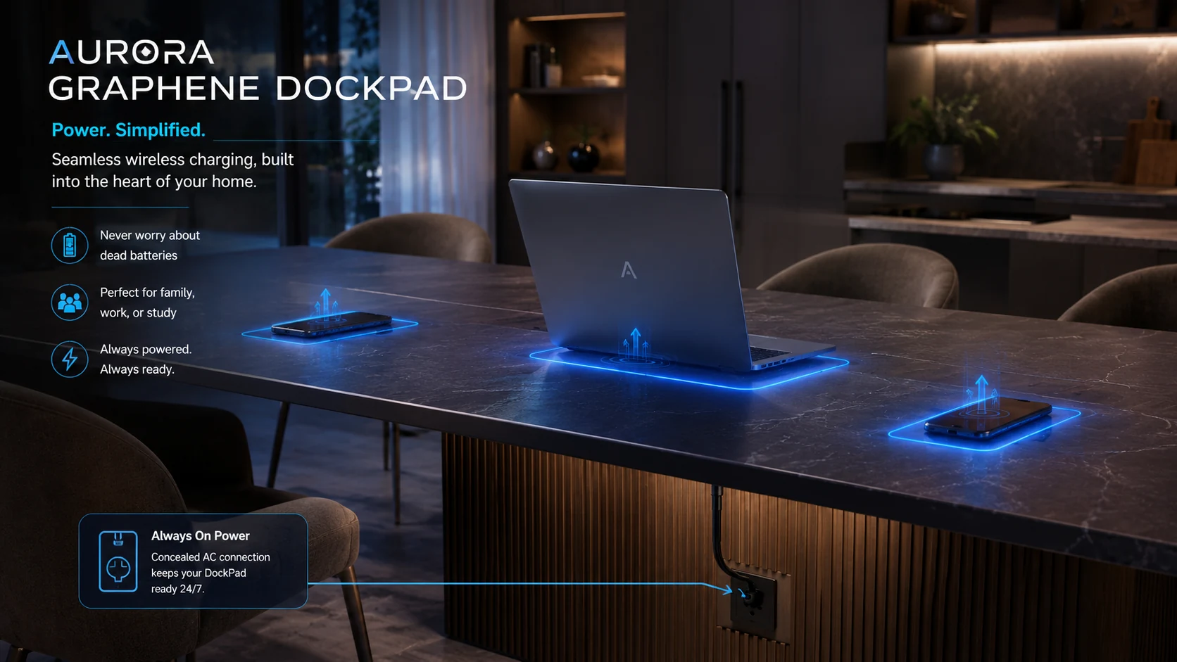 Home table with integrated Graphene DockPad charging zones for laptop and phones