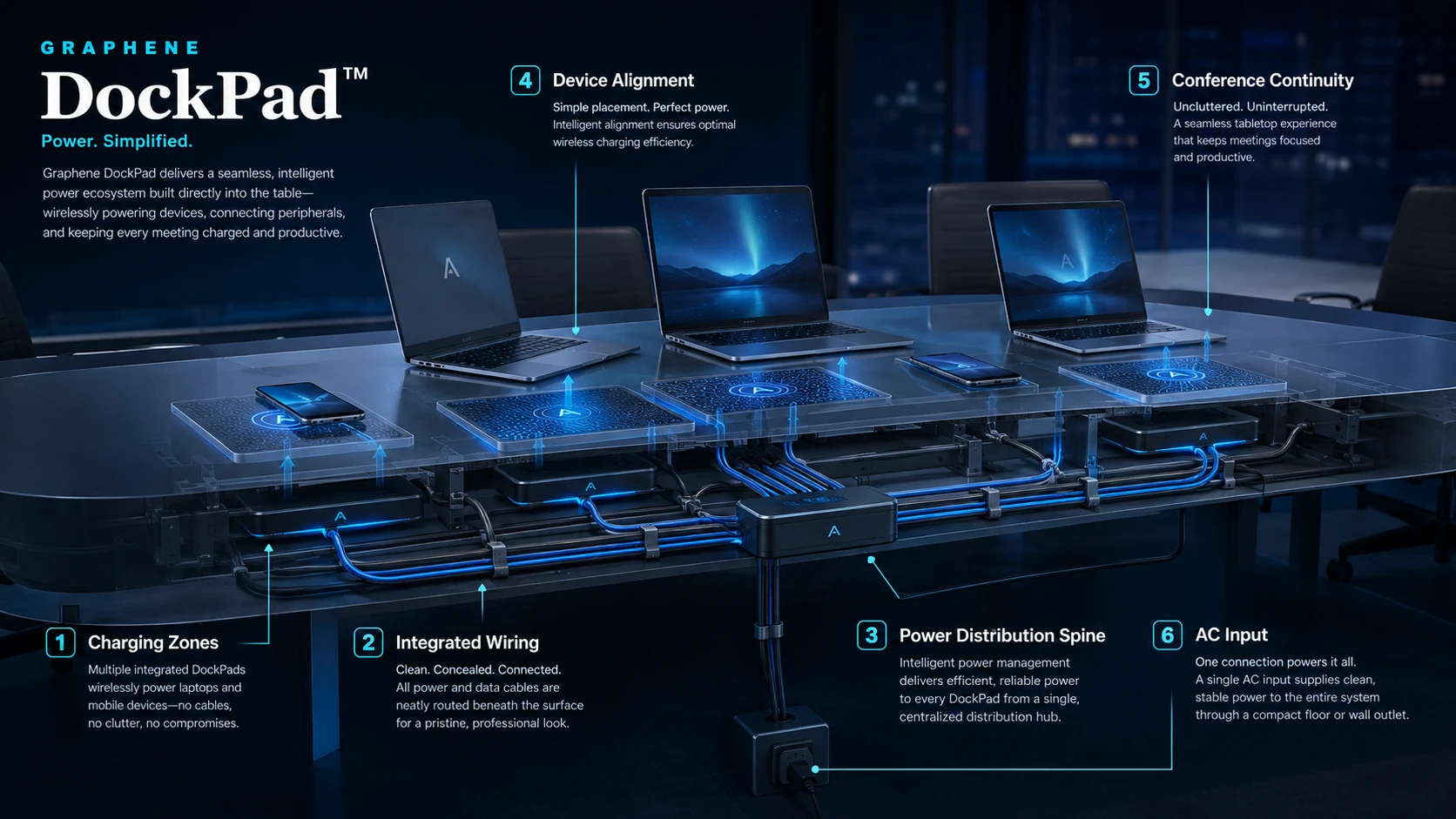 Transparent conference table showing integrated DockPad charging zones, concealed wiring, central distribution and AC input
