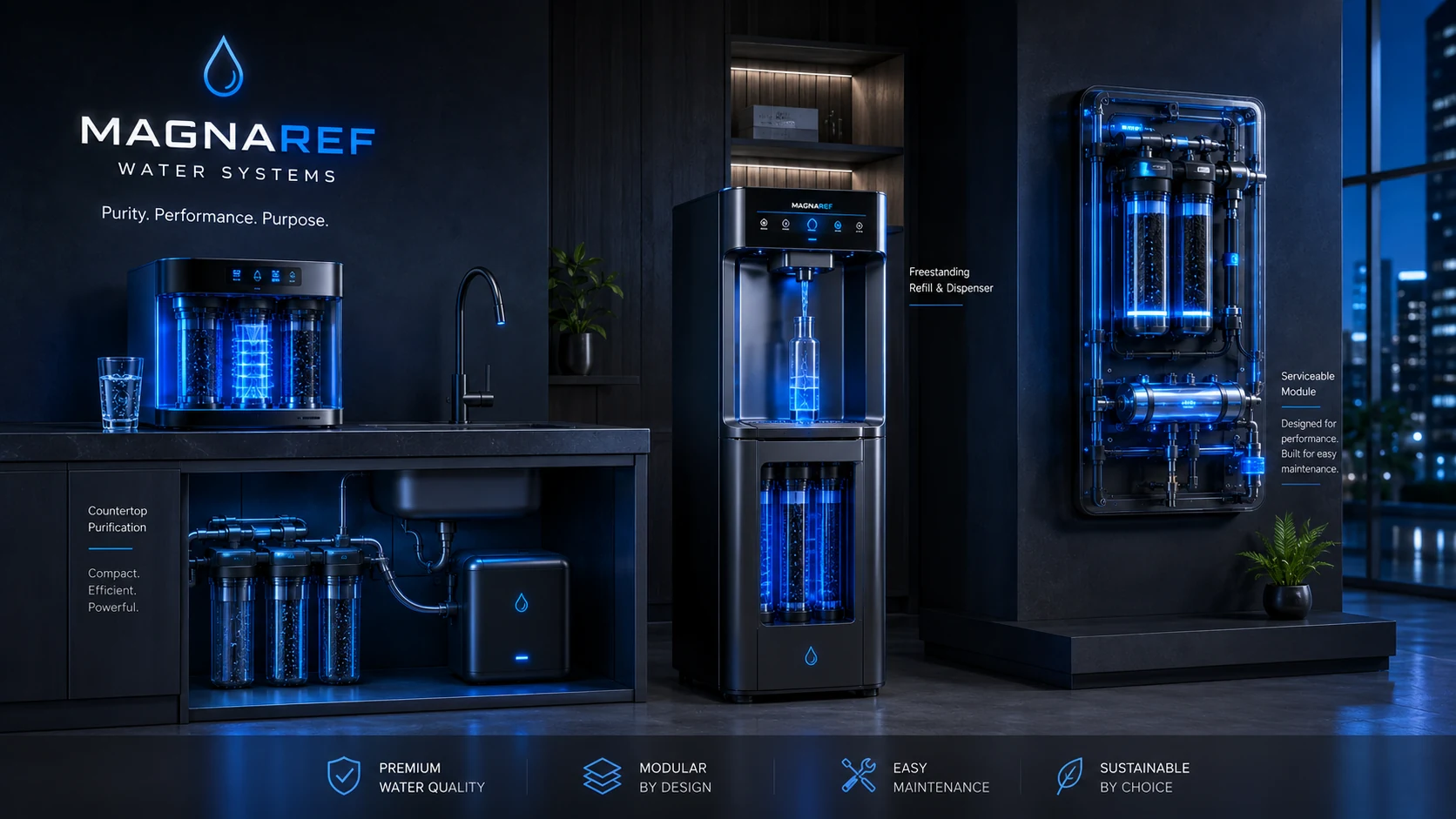 MAGNAREF Water Systems product family showing countertop, freestanding and serviceable water-refinement modules