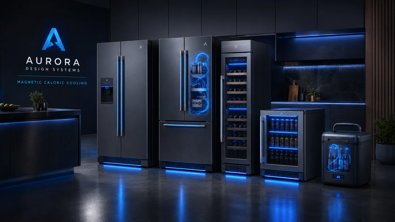 Magnetic Caloric Cooling appliance family including compact, undercounter, full-size refrigerator, specialty cabinet and portable concepts