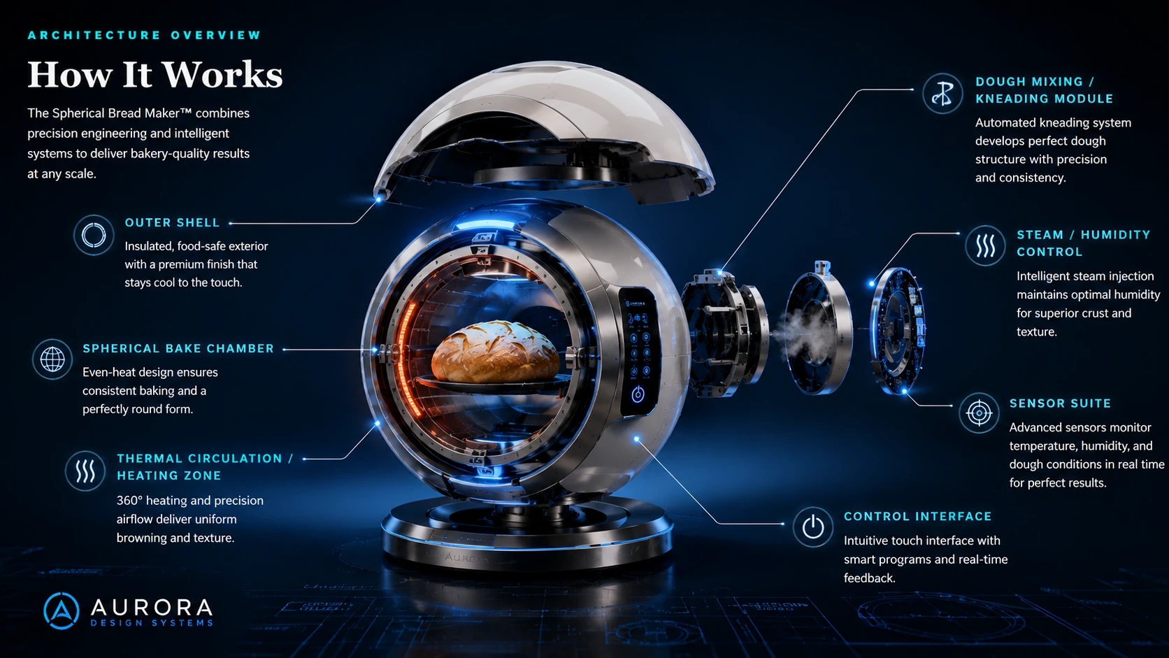 Conceptual exploded Spherical Bread Maker architecture showing bake chamber, heating zone, mixing and kneading module, steam and humidity control, sensor suite, and control interface