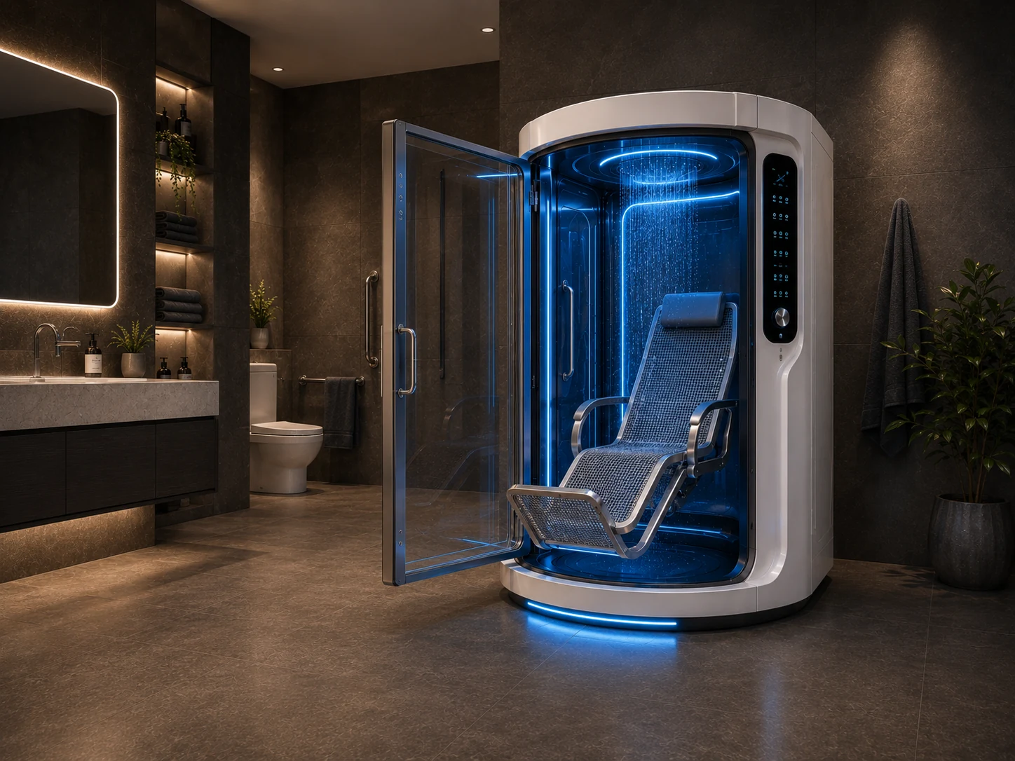 Sonic Bath assisted-care pod with permeable mesh chair