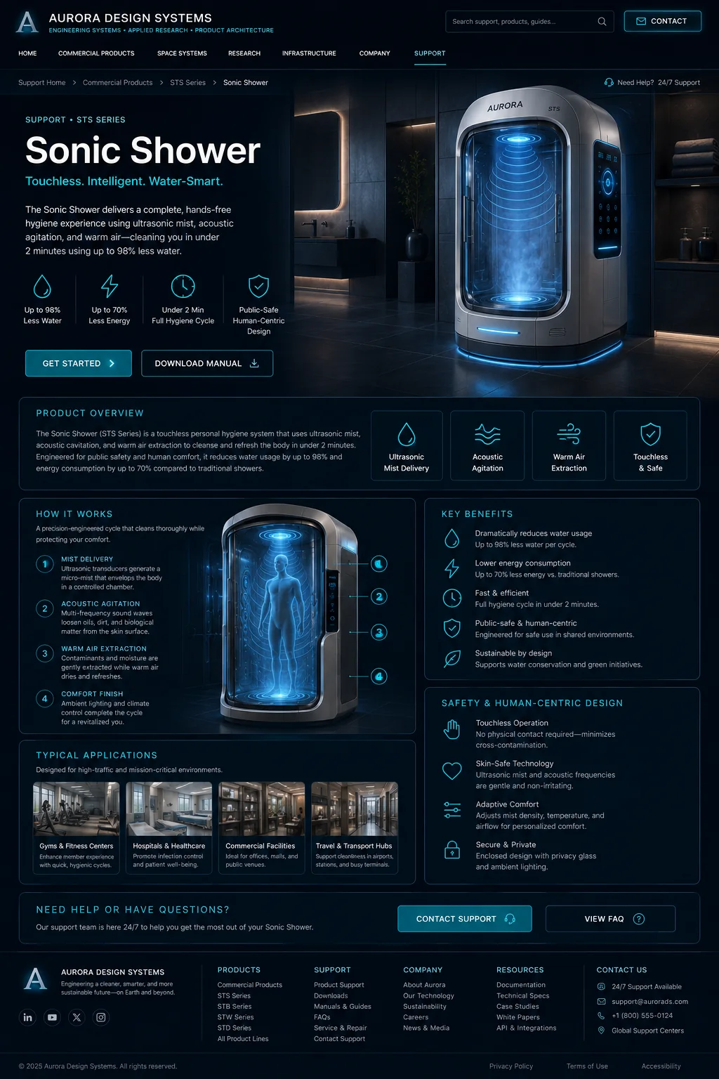 Sonic Shower support and operating visualization