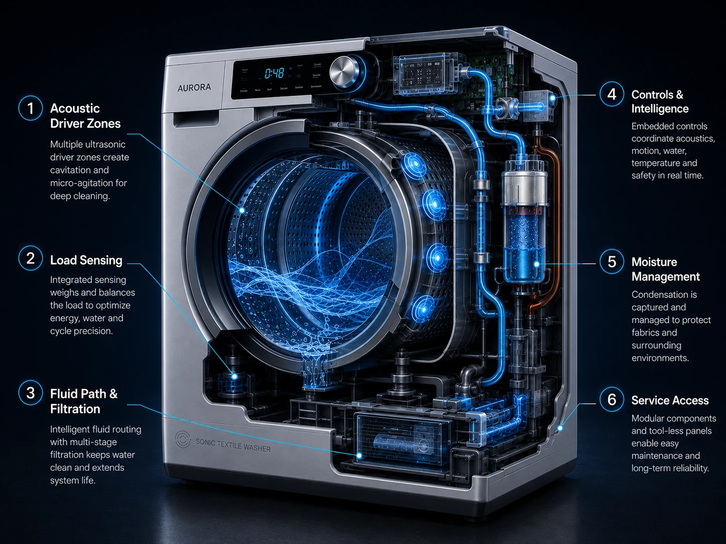 Sonic Textile Washer conceptual subsystem callout