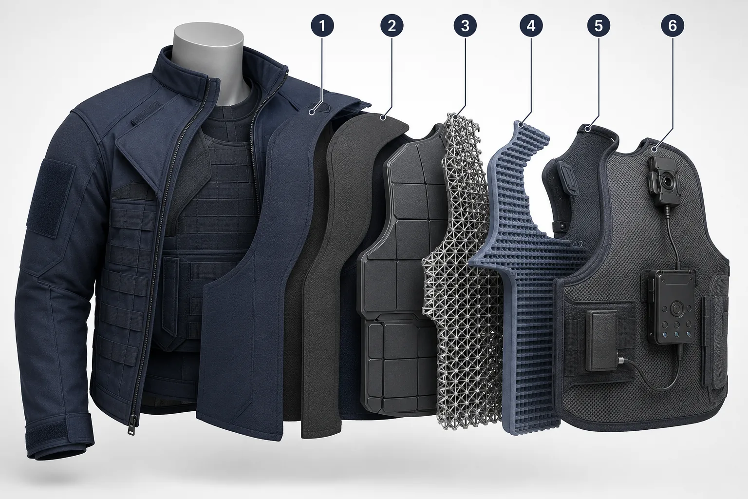 Energy-Dispersive Public-Safety Garment conceptual system-layer cutaway