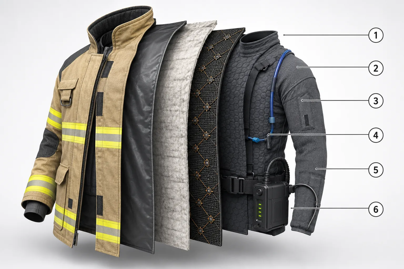 Thermal-Adaptive Firefighting Garment conceptual system-layer cutaway