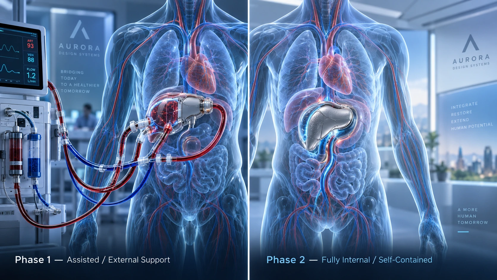 Phase 1 external support compared with Phase 2 fully internal synthetic kidney