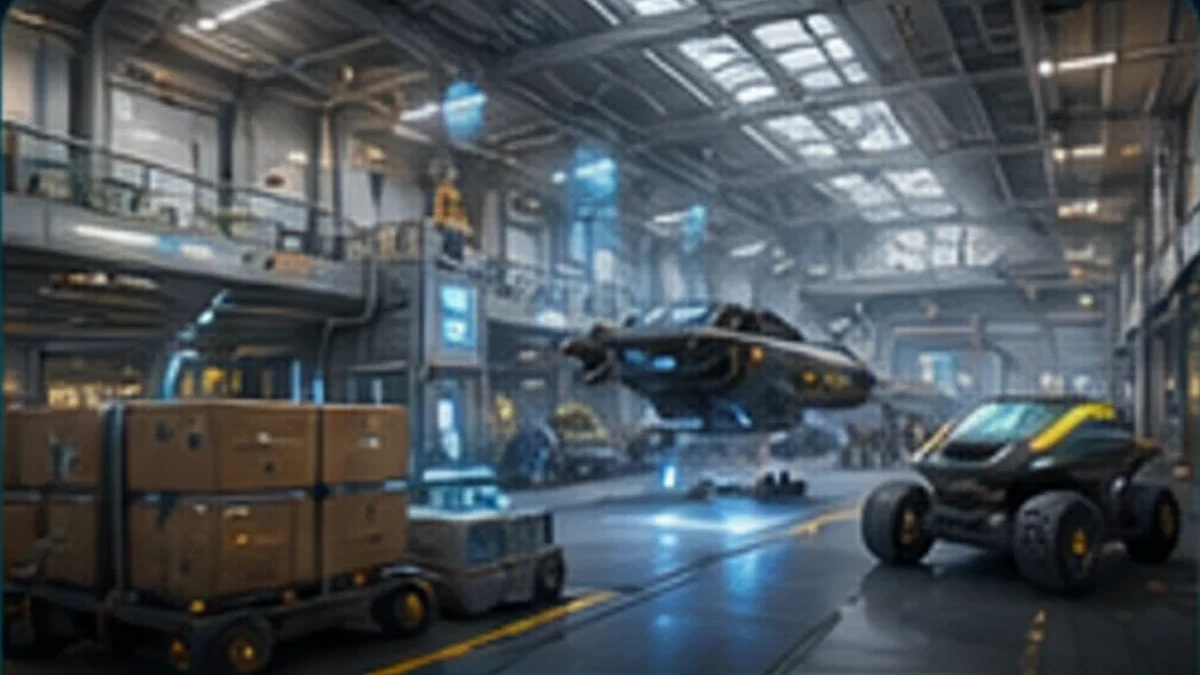 Aurora Prime logistics receiving bay and cargo staging interior