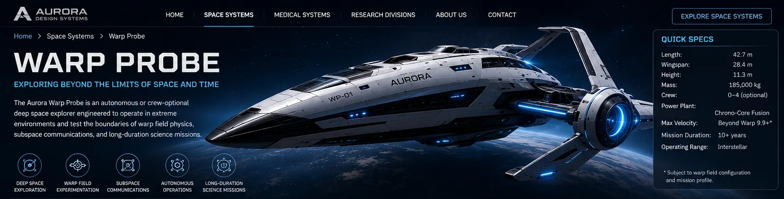 Warp Probe flagship hero showing mission text, spacecraft above Earth, capability icons, and quick specifications