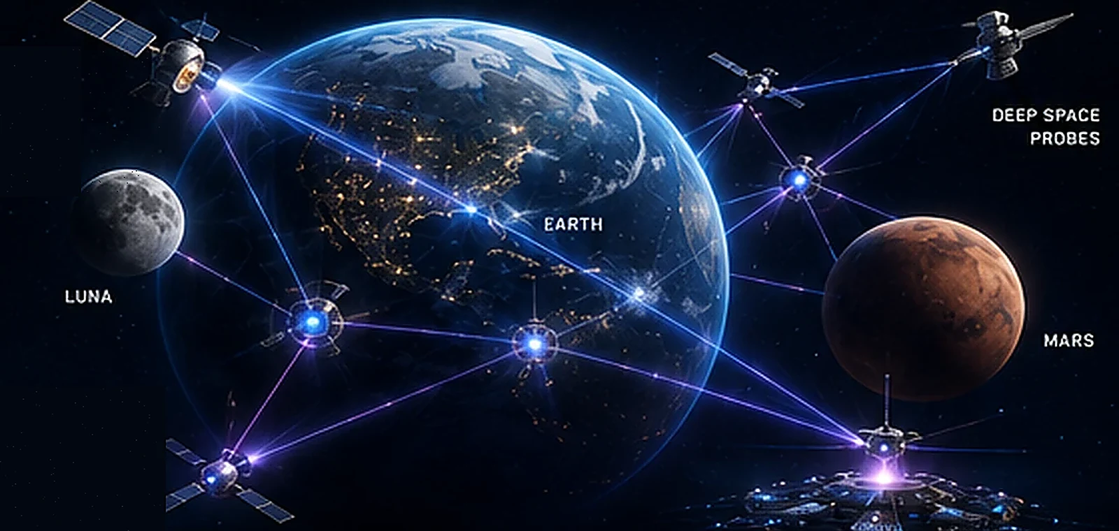 QFL communications network connecting Earth, Luna, Mars, satellites, and deep space relays
