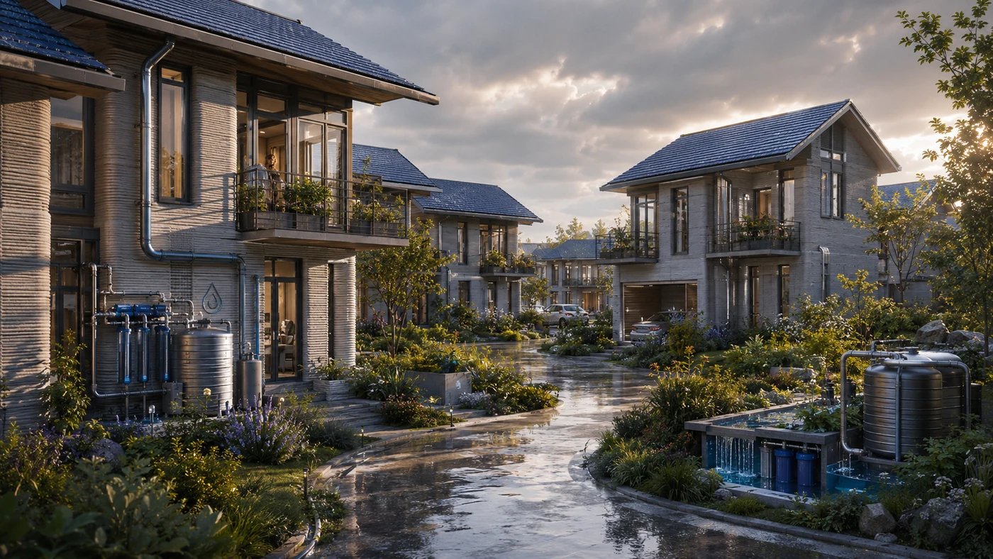 Completed multi-story automated housing with water systems
