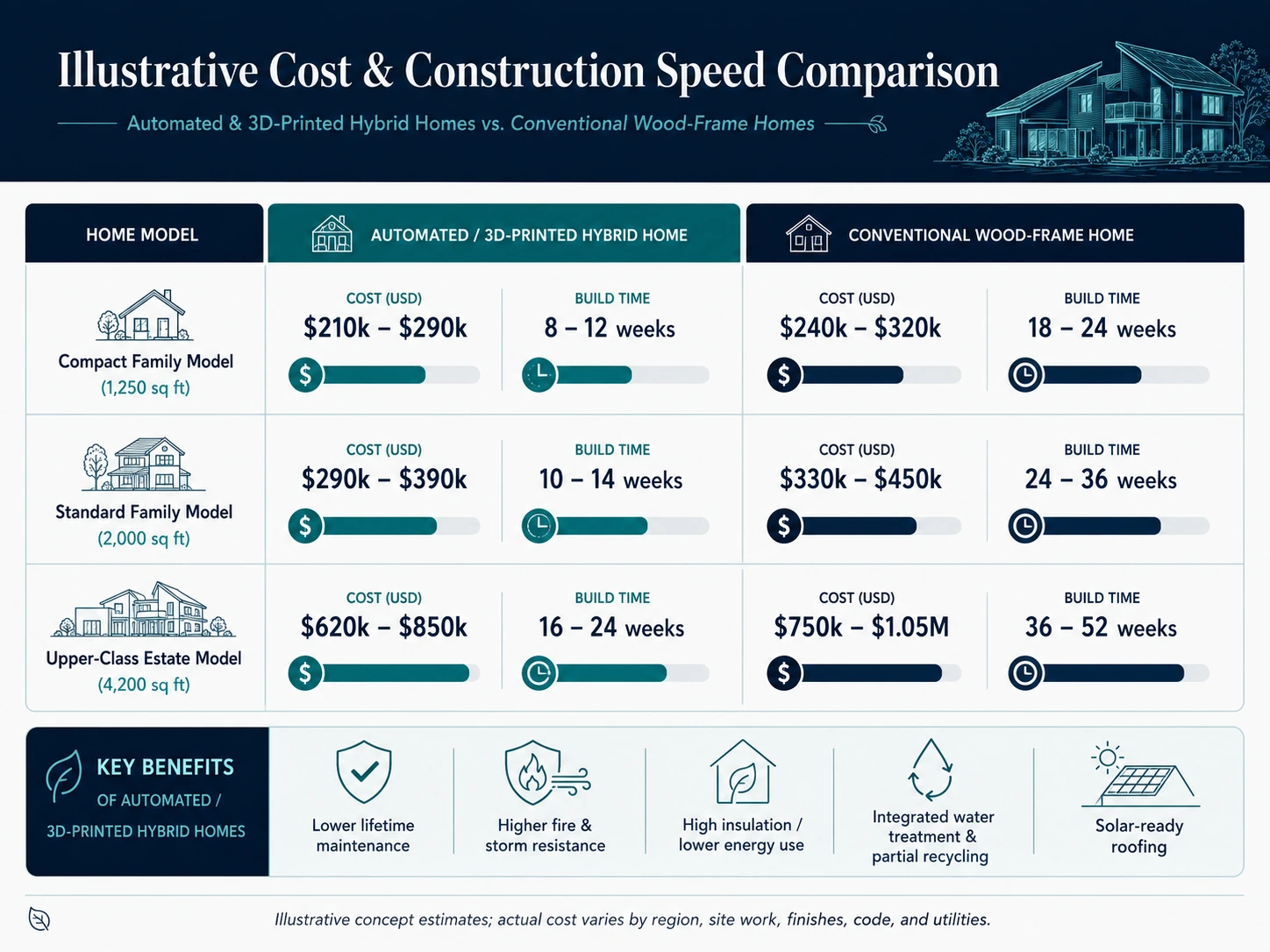 Illustrative cost and construction speed comparison for automated hybrid and conventional wood-frame homes