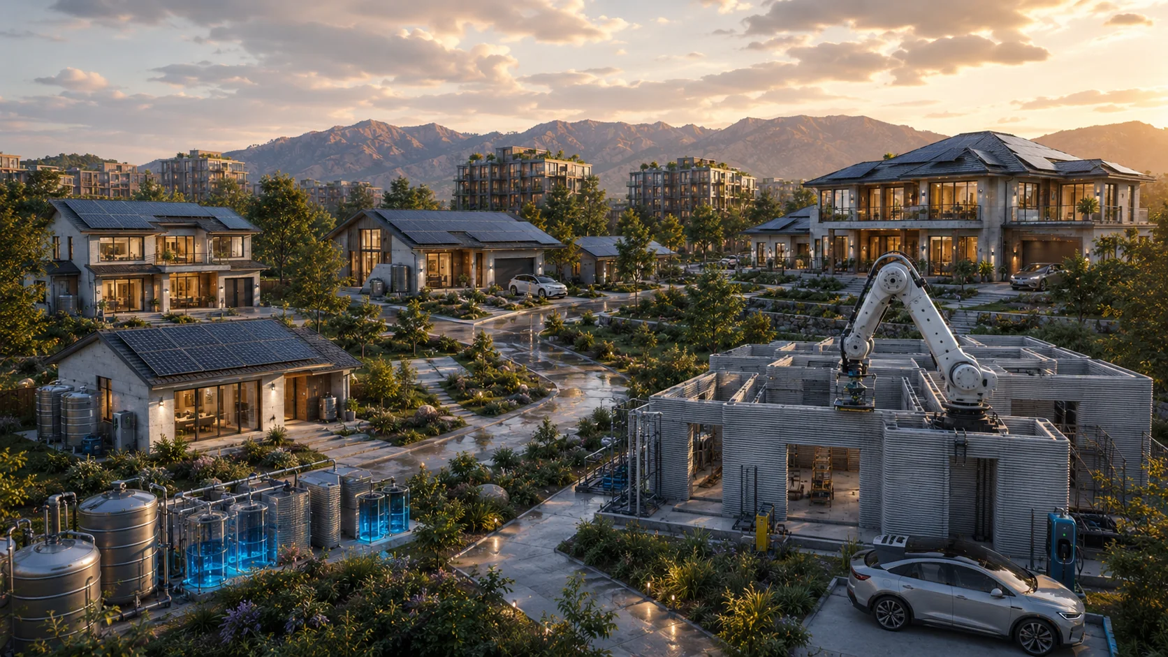 A resilient mixed-size sustainable neighborhood with solar roofs, water treatment, and robotic 3D construction