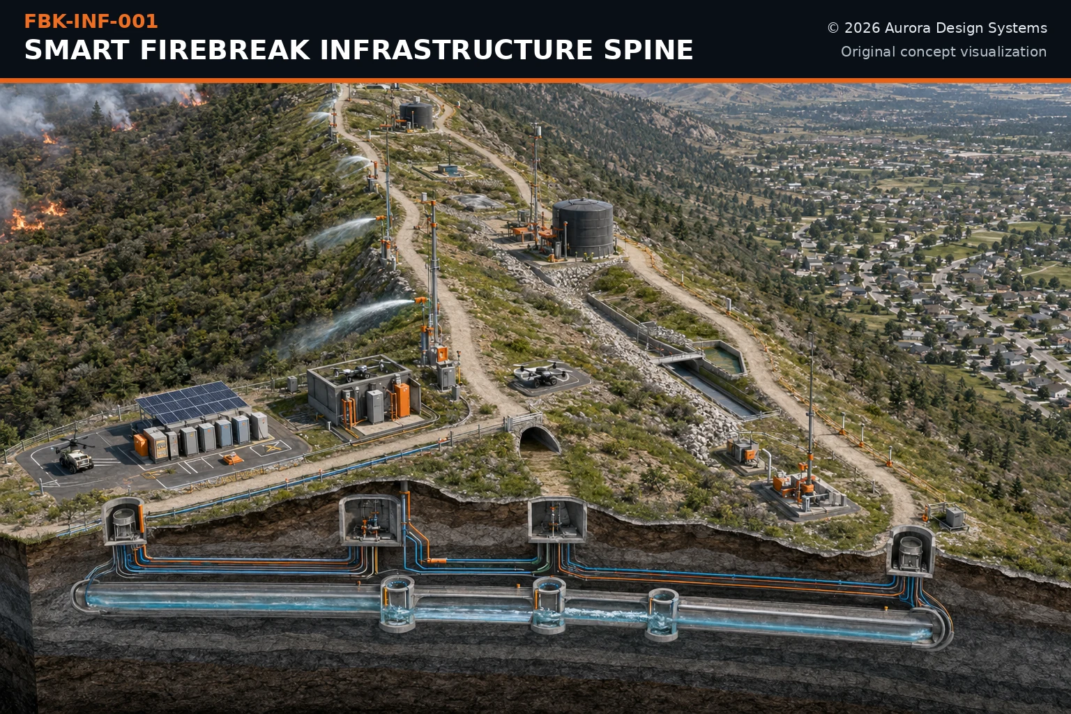 Smart Firebreak Infrastructure Spine protecting a community