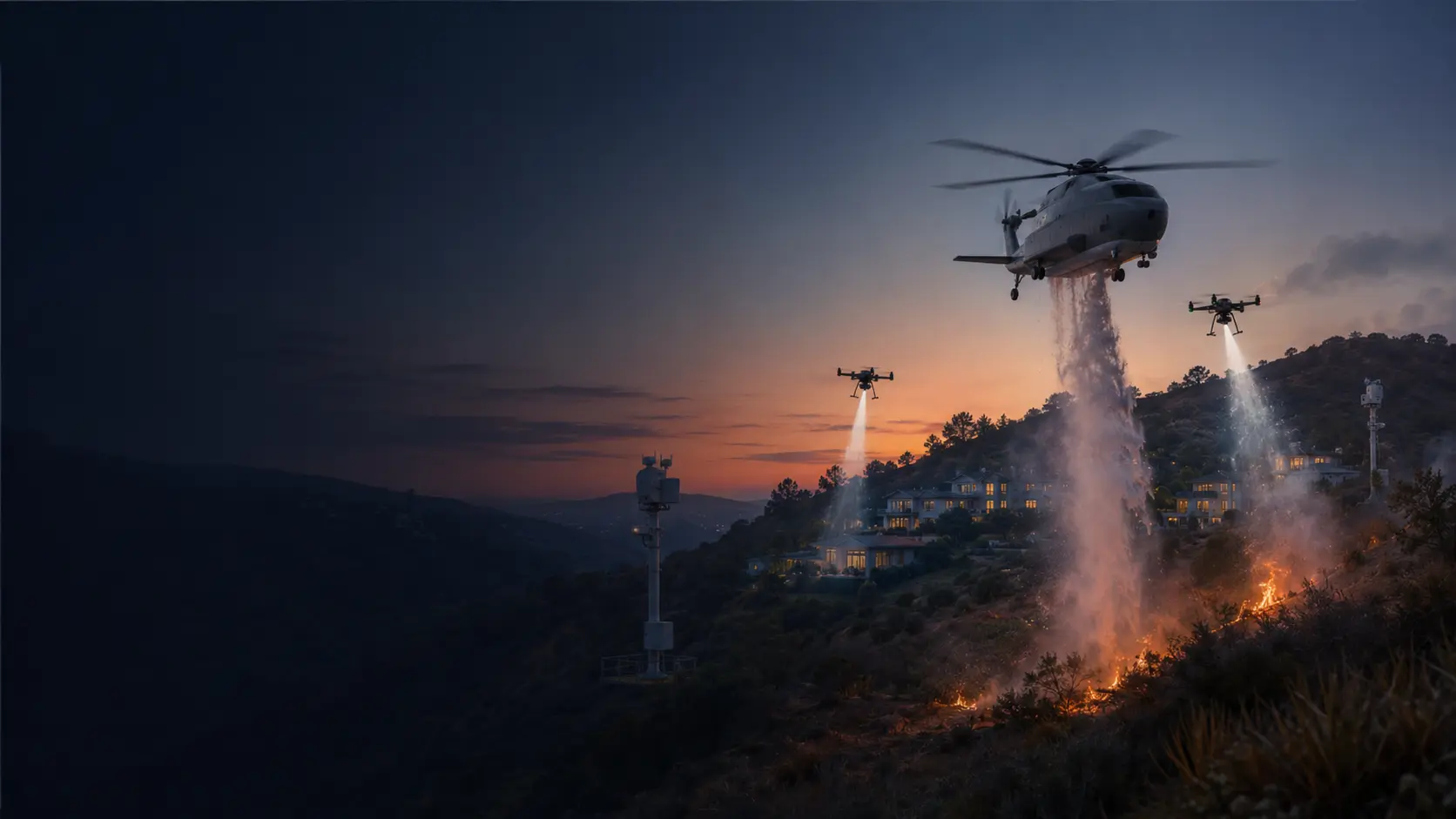 Autonomous aircraft and drones intercepting a small wildfire near a California community