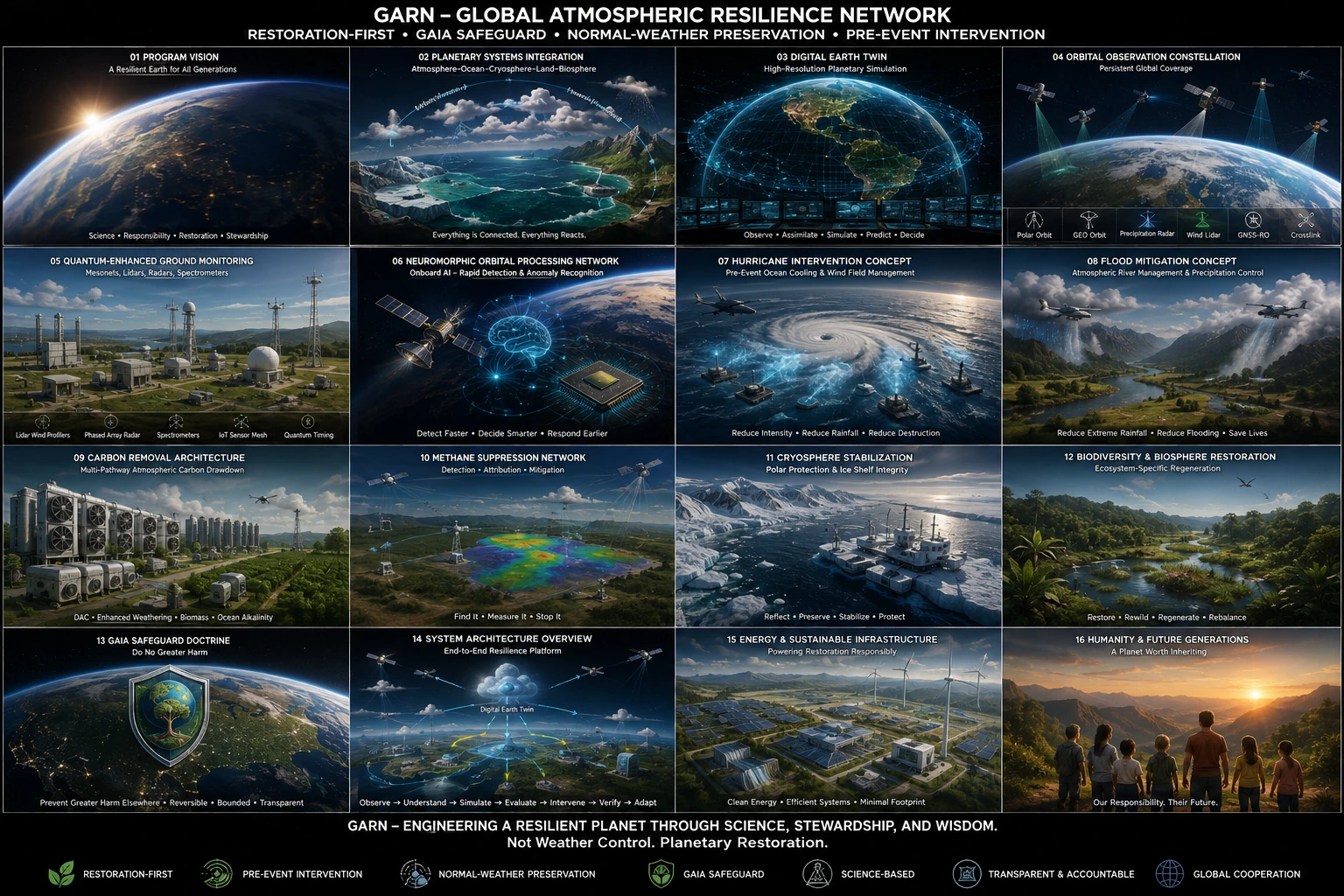 GARN program rendering matrix showing restoration, observation, modeling, resilience, and safeguard architectures
