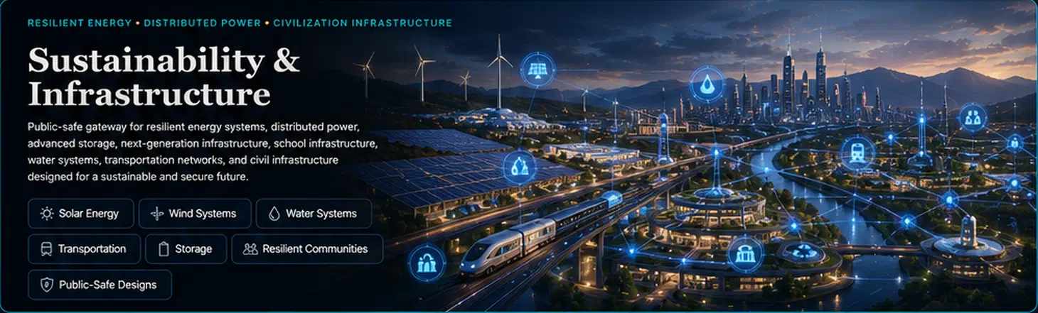 Sustainability and Infrastructure gateway with solar energy, wind systems, water systems, transportation networks, and civic infrastructure
