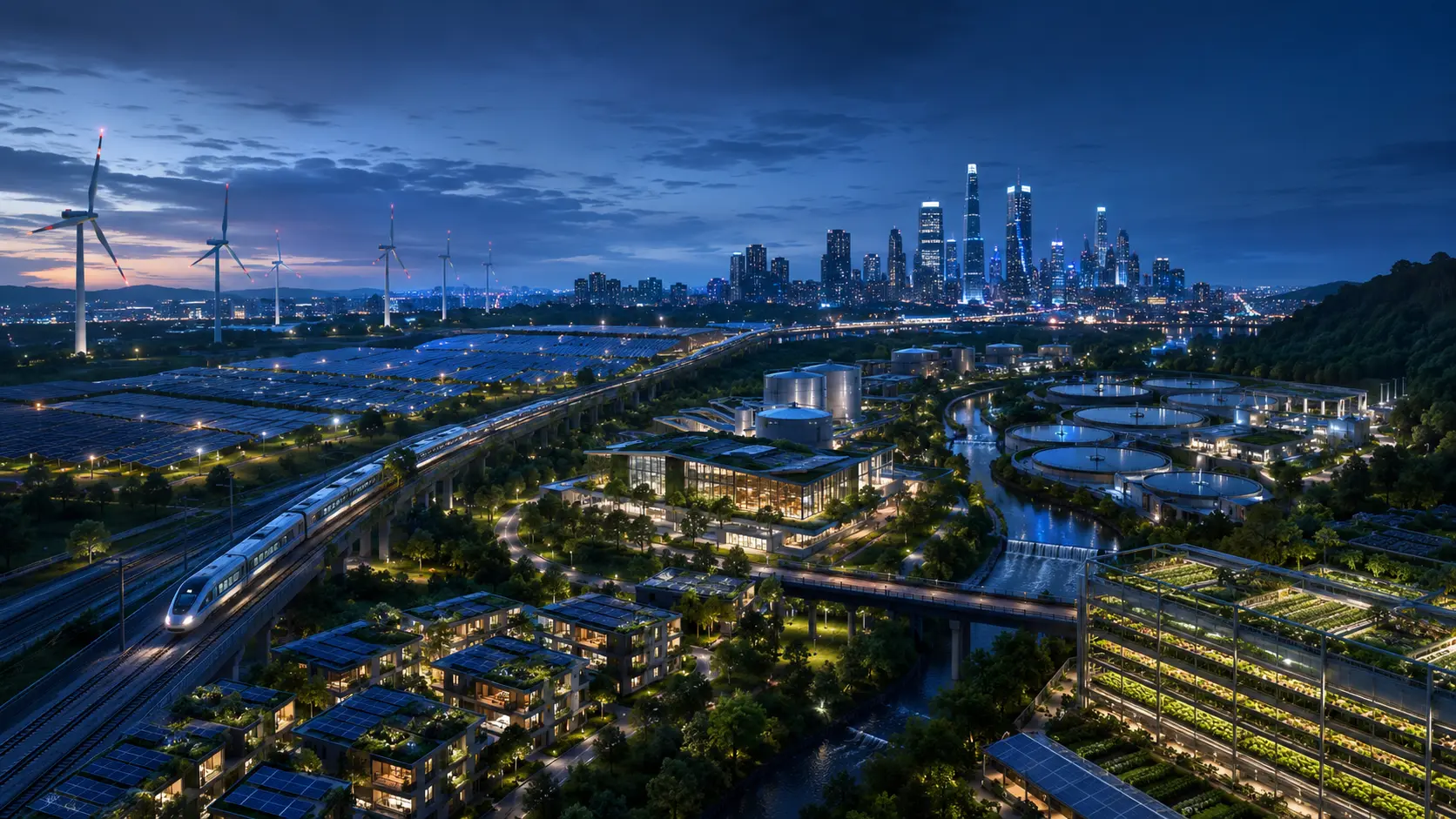 Text-free panorama of integrated sustainable energy, transportation, water, housing, and food infrastructure