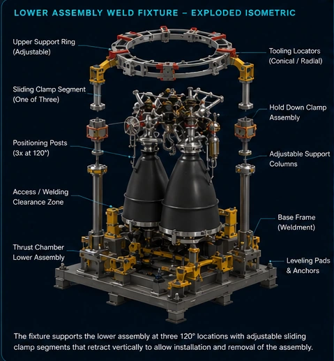 Exploded-isometric tooling concept for lower rocket-engine assembly support.