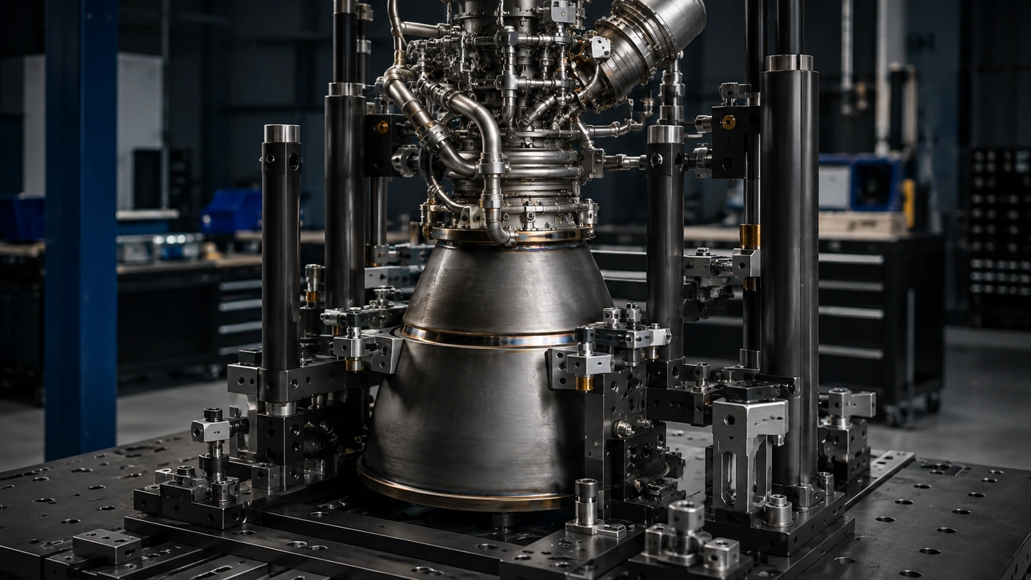 Close-up of precision support and locating fixture around a lower rocket-engine section.