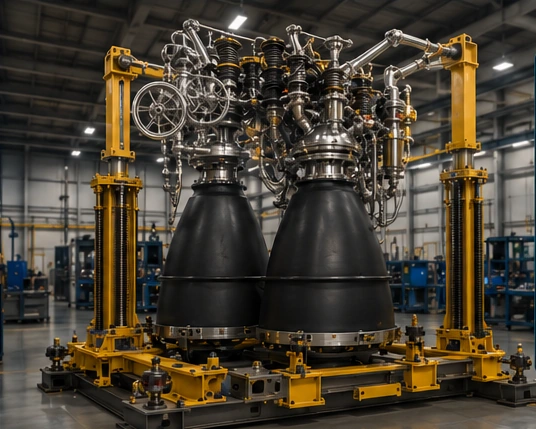 Public-safe rocket-engine lower-assembly fixture in a manufacturing environment.