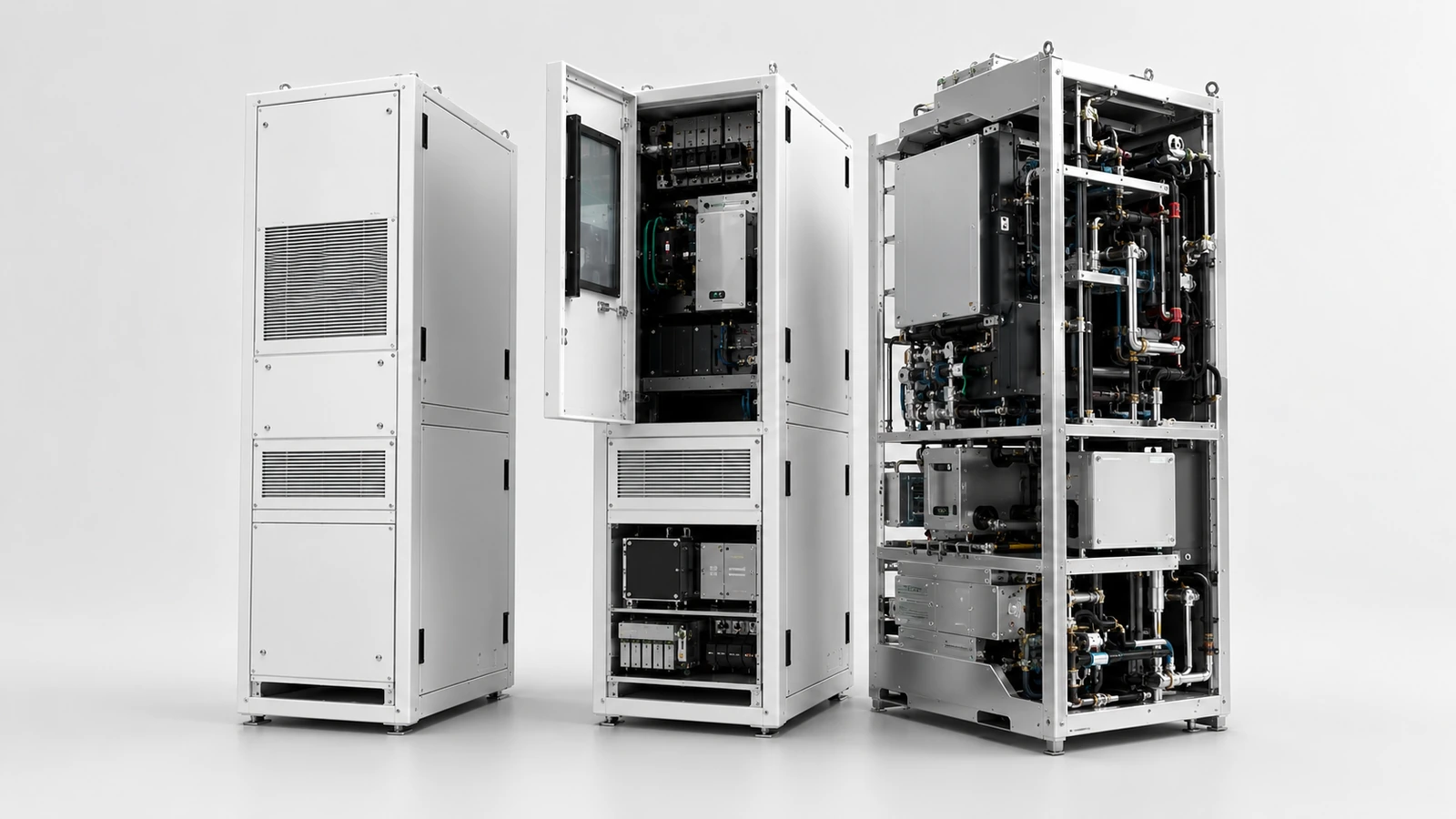 Representative full-height semiconductor equipment cabinets and electronics racks.