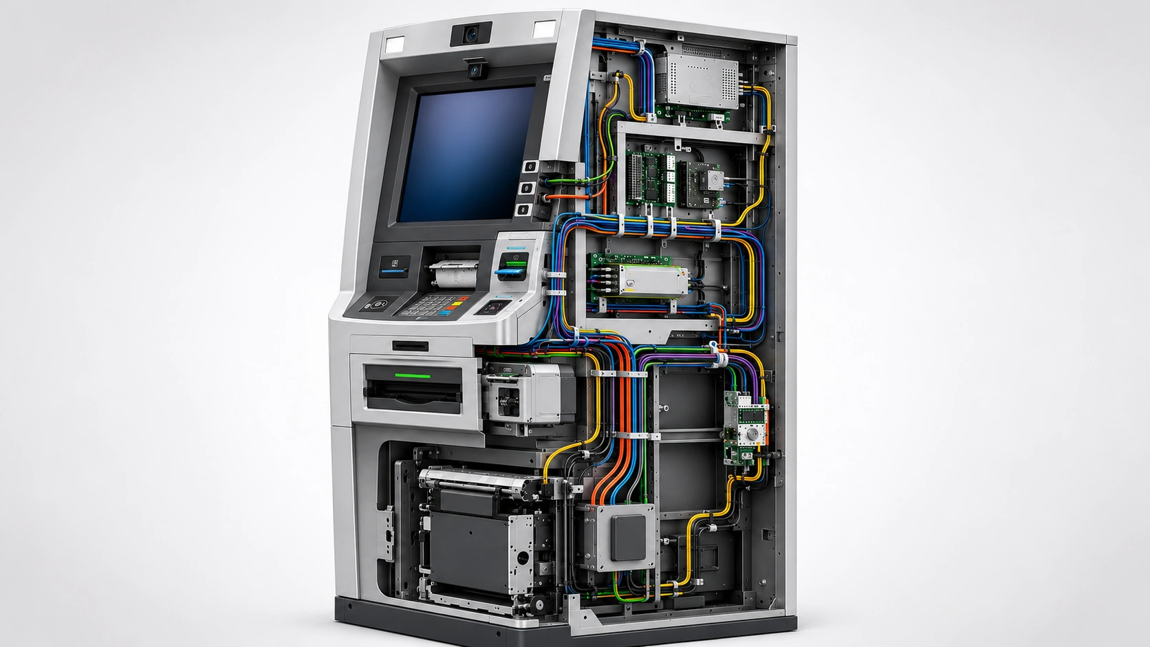 ATM electromechanical cutaway and cable-routing callout graphic