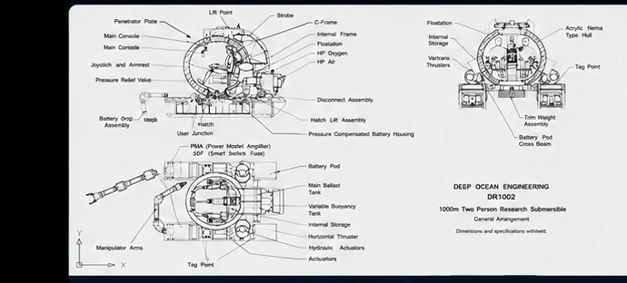 General arrangement drawings and orthographic views of the Deep Rover submersible.