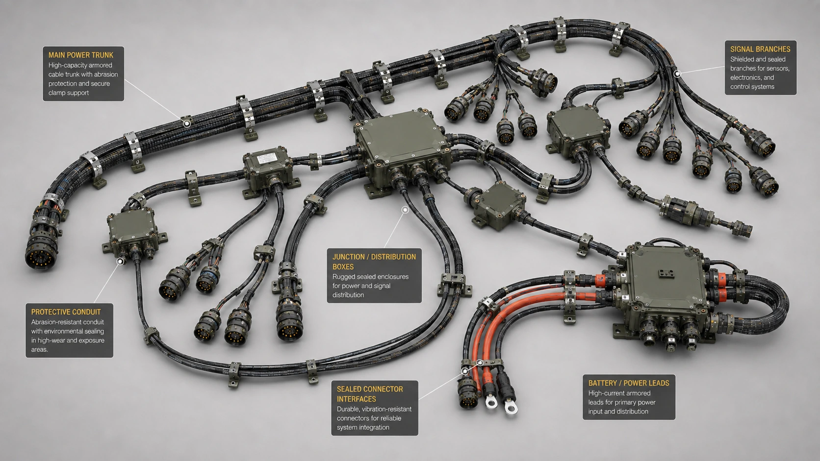 Representative military-grade cable harness assembly with protective conduit, junction boxes, branch routing and ruggedized connectors.