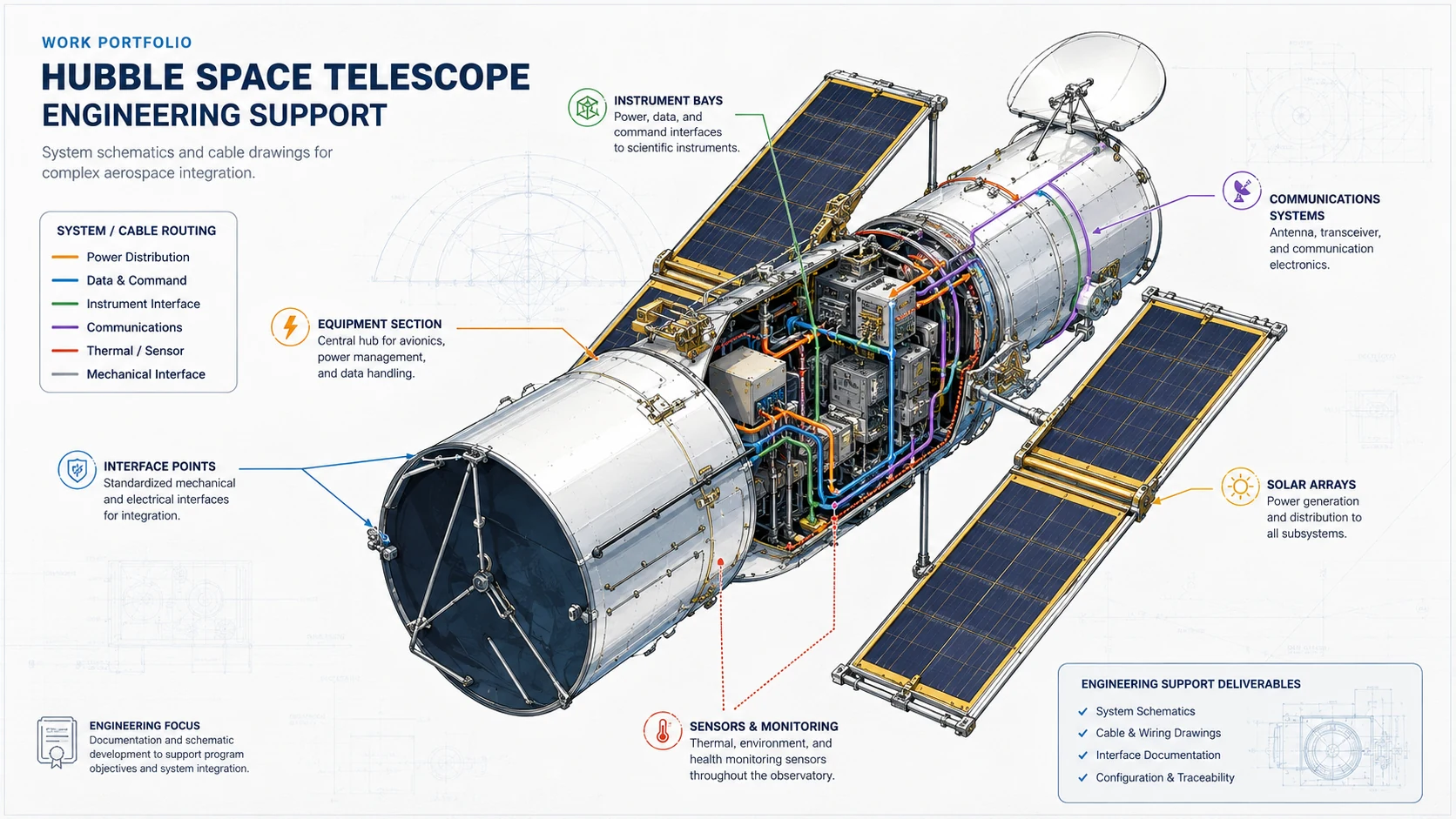 Representative Hubble Space Telescope systems and cable-routing visualization