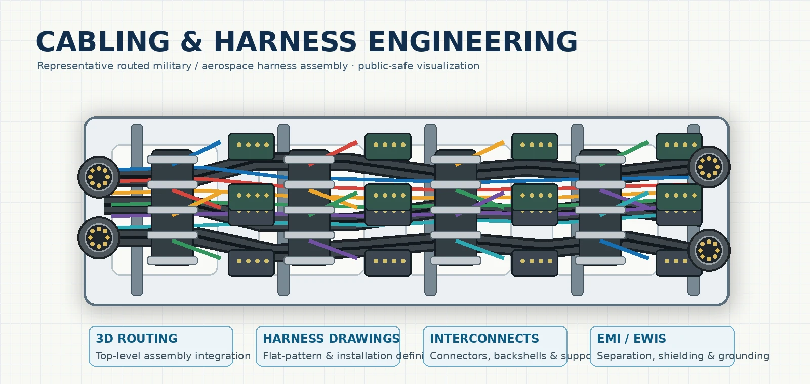 Representative military and aerospace cable harness assembly showing routed cable trunks, branch breakouts, connectors, clamps, supports and installation interfaces