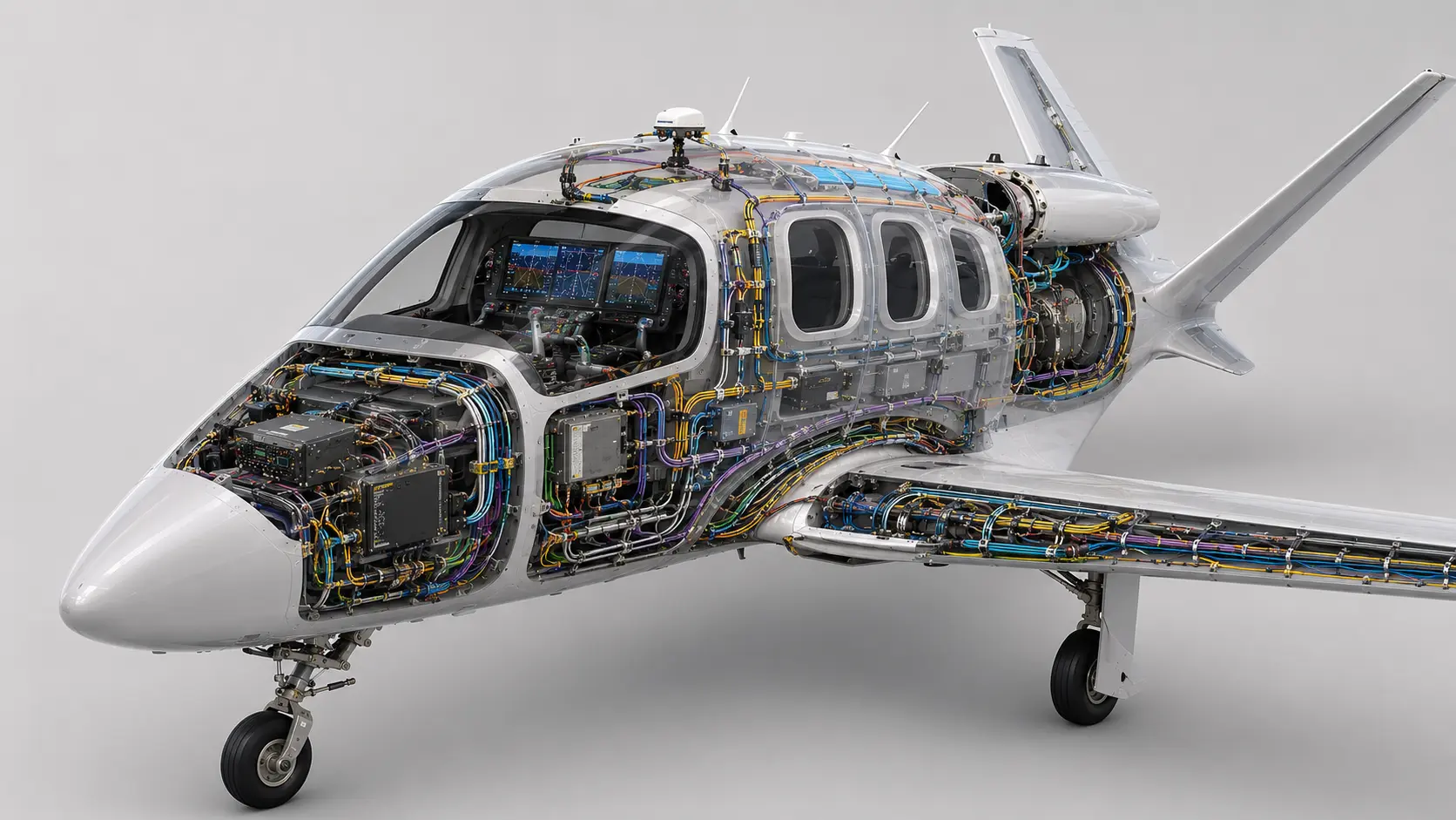Representative Cirrus Vision Jet avionics and EWIS cutaway showing generalized cable, coax, antenna, and flight-deck integration