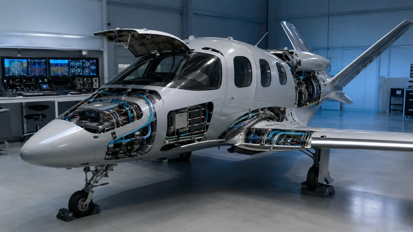 Representative Cirrus Vision Jet avionics and cable-integration environment