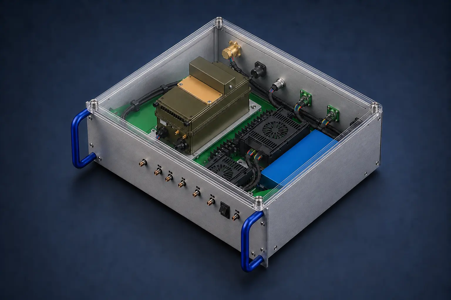 High-resolution electronics enclosure with a transparent top and internally routed cable harness