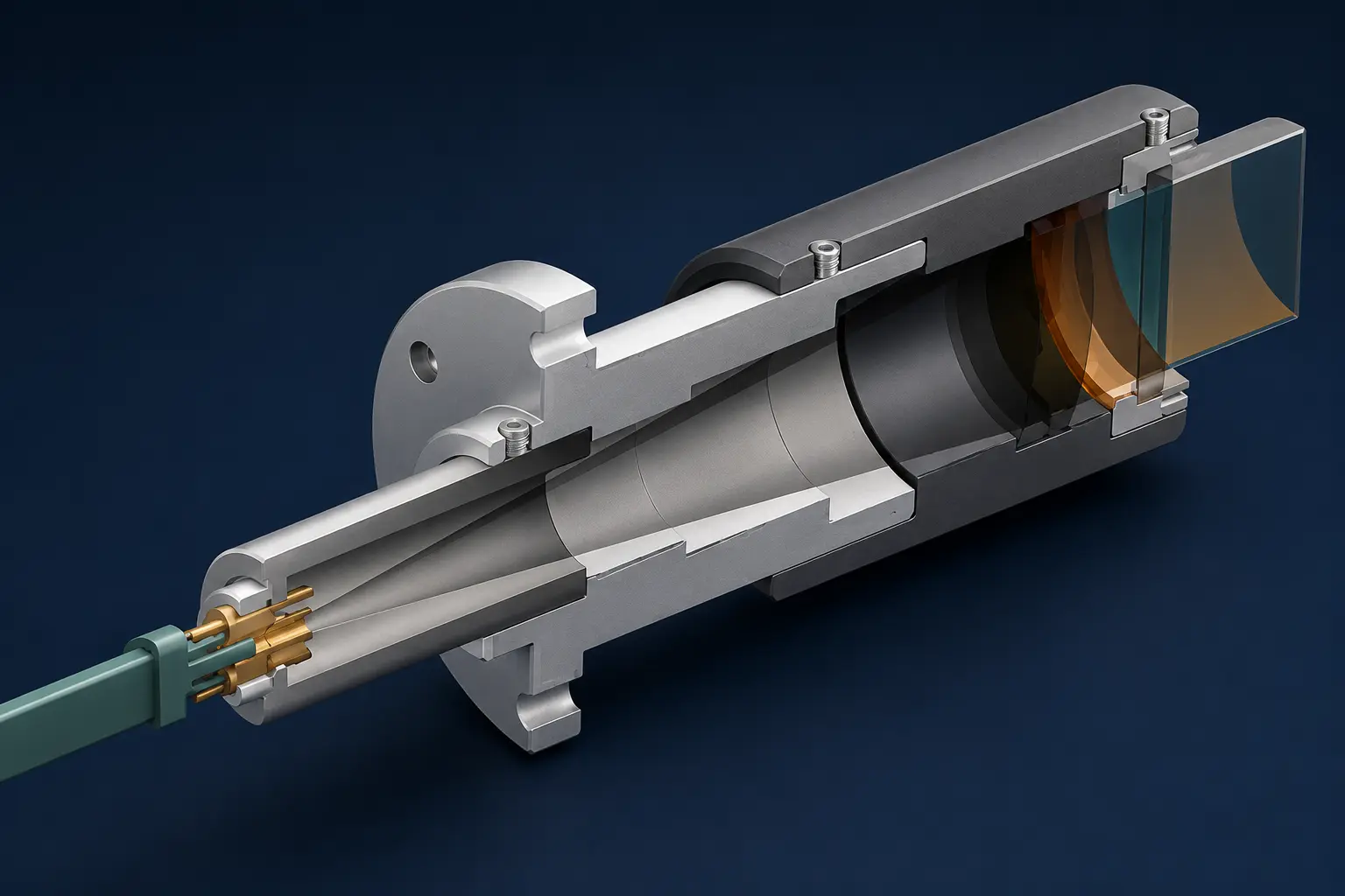 High-resolution isometric rendering of Evan Coffield's precision optical assembly design