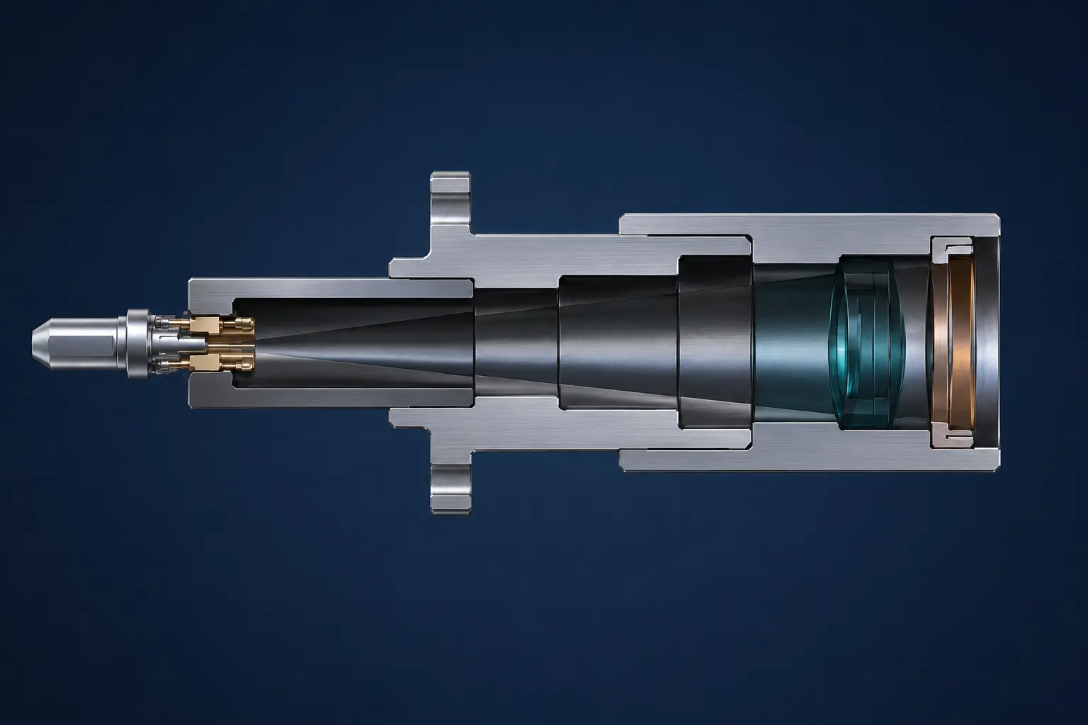 Side cutaway rendering of the same precision cylindrical optical assembly.