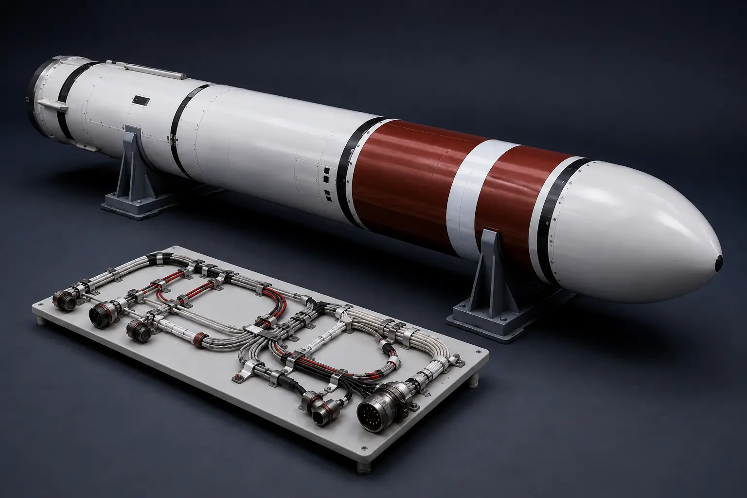 Public-safe rendering of a Trident I C4 exterior with aerospace cable-harness fabrication board