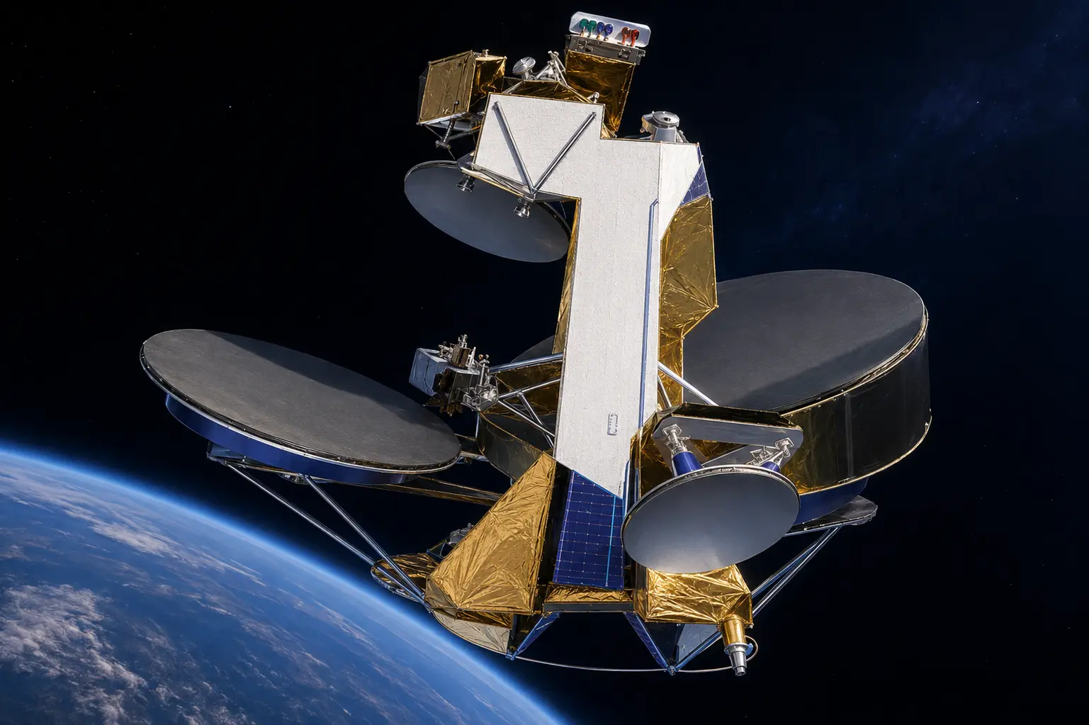 Public-safe rendering of the EchoStar IX and Telstar 13 dish-array support structure, later associated with Galaxy 23