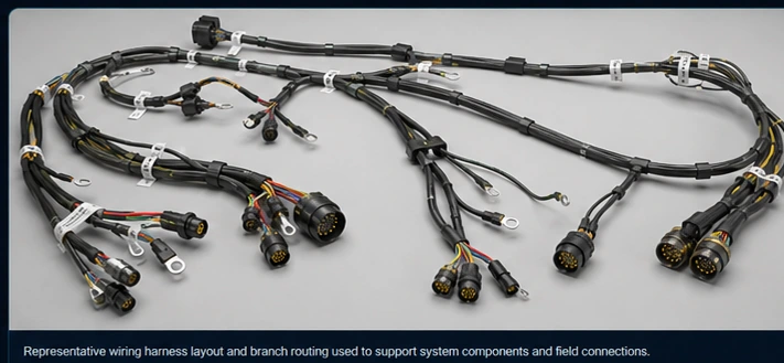 Representative branched wiring harness layout with circular connectors and branch routing.