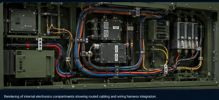 Representative rugged electronics compartment with routed cabling and harness integration.