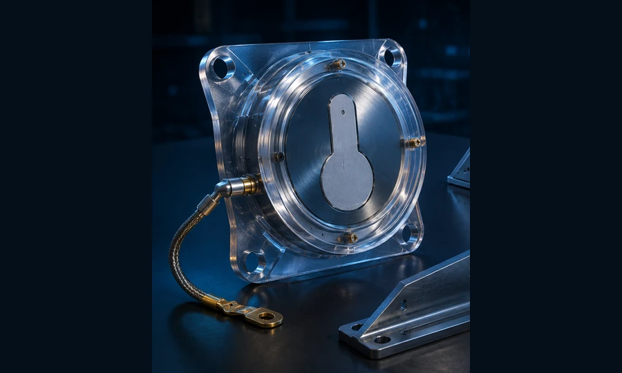 Rendered grounding and lock-style enclosure hardware.